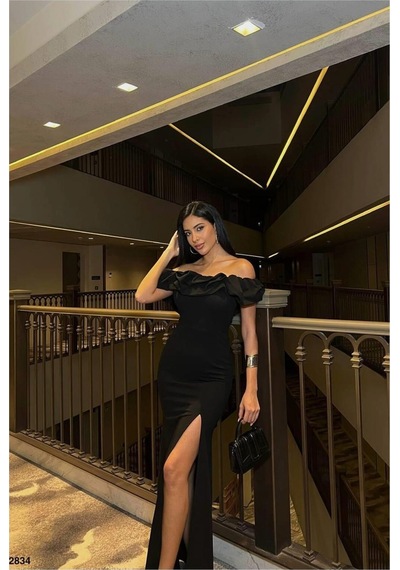 DefyModa Kadın Kare Yaka Yırtmaçlı Kısa Kollu Abiye Elbise Siyah