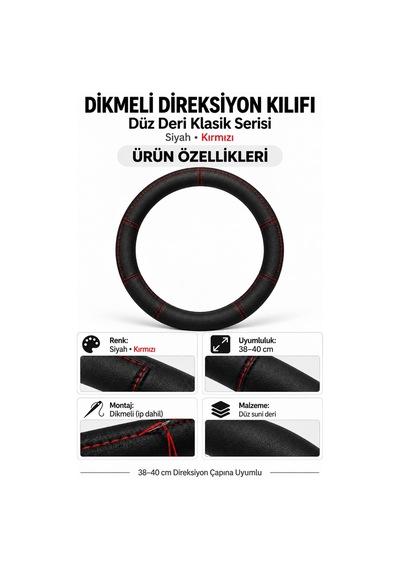 Trobus Renault Kangoo 2024 Ve Sonrası Uyumlu Dikmeli Direksiyon Kılıfı Düz Deri Klasik Siyah Kırmızı Siyah - Kırmızı