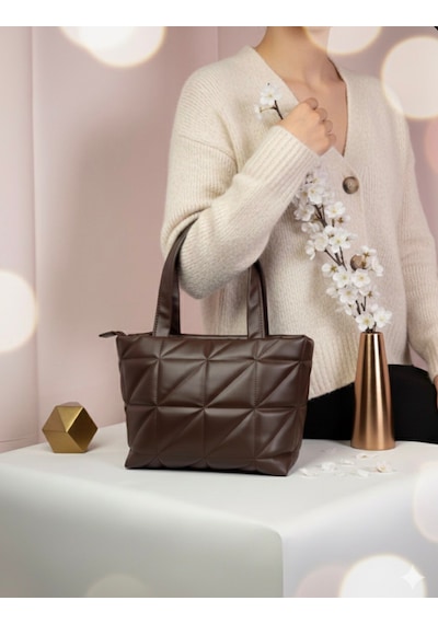 Addy Puffy Geometrik Baget Kahverengi Kadın Omuz Ve El Çantası Kahverengi