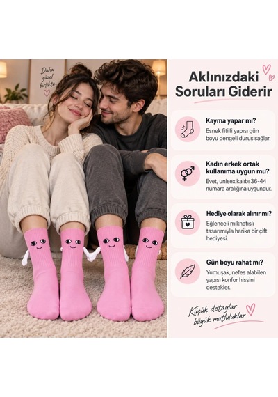 Womanandkids Wak Mıknatıslı El Ele 2'li Unisex Tutuşan Sevimli Çorap 36-44 Çift Hediyesi, Pamuklu Renkli Crew M Pembe