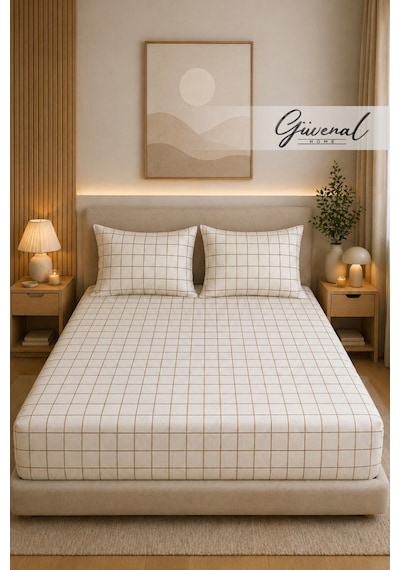Güvenal Charm %100 Pamuk Desenli Yastık Kılıflı Lastikli Çarşaf Seti Yastık Kılıfı Lastikli Çarşaf Uyku Seti Çeyiz - Kare Krem
