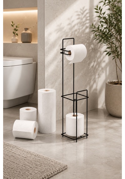 Buççin Online Mağaza Siyah Metal Ayaklı Tuvalet Kağıtlığı Ve Yedek Rulo Standı Modern Wc Kağıtlık Metal Siyah Çok Renkli