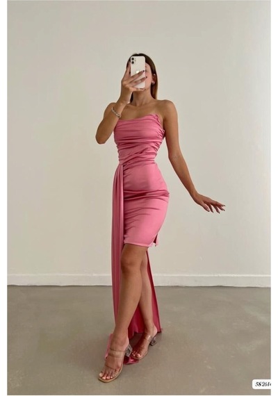 Bezos Saten Yırtmaçlı Elbise Abiye Midi Straplez Kumaş Renk: Pembe Beden: L Bty