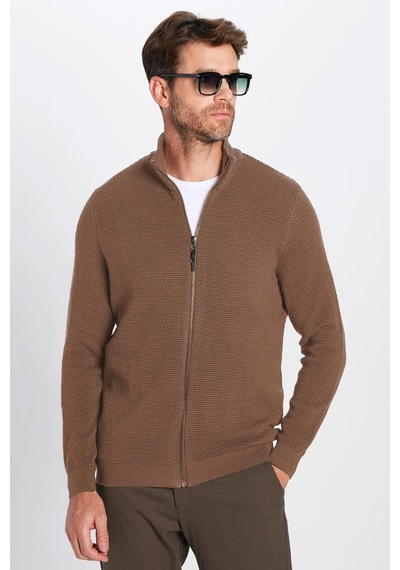Tudors Erkek Slim Fit Dar Kesim Desenli Yarım Balıkçı Yaka Fermuarlı Kahve Hırka-32614 Kahve Kahverengi