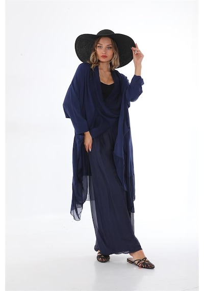 Bohem Stil Italyan Ipek Detaylı Oversize Kap Bluz- Wes Pantolon Takım-8789 Lacivert