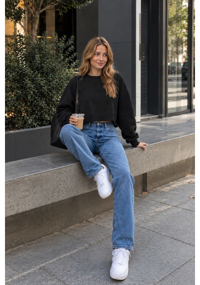 Luxıc Core Kadın Crop Bisiklet Yaka Sweatshirt Pamuklu Yumuşak Dokulu Günlük Spor Sweatshirt Siyah
