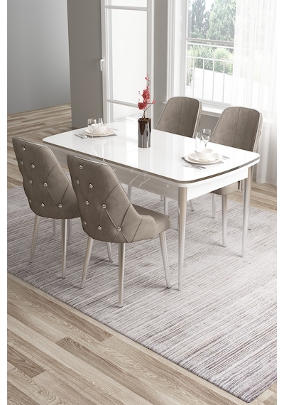 Canisa Tia Serisi 80x132 Açılabilir Mdf Mutfak Masası Takımı Beyaz Masa Krom Detay 4 Cappucino Sandalye Masa Beyaz Sandalye Cappucino Canisa Tia Serisi 80x132 Açılabilir Mdf Mutfak Masası Takımı Beyaz Masa Krom Detay 4 Cappucino Sandalye Masa Beyaz Sandalye Cappucino