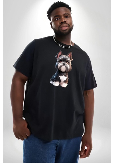 Angemiel Sevimli Beyaz Gri Köpek Siyah Büyük Beden Erkek Kadın Unisex Basic Ön Baskılı Tişört Siyah