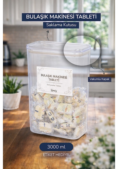 Bulaşık Makinası Tablet Deterjanlık Vakum Kapak 2900ml Şeffaf