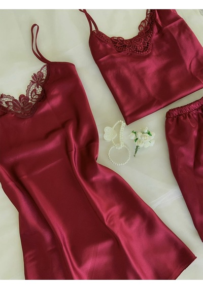 Mh Moony Homewears 3'lü Asil Bordeaux Saten Bordo Çeyiz Seti Bordo