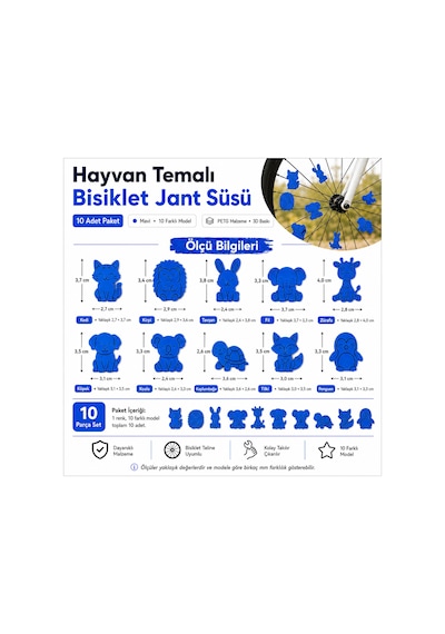 Hayvan Temalı Bisiklet Jant Süsü 20 Parça 2 Renk 10 Farklı Model Kırmızı-Mavi