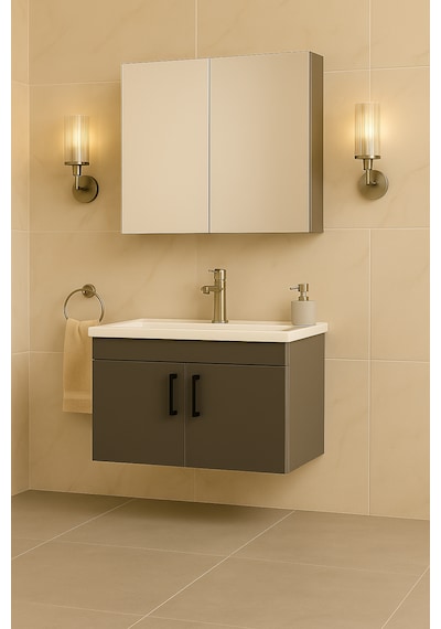 Luna 65 Cm Ahşap Camlı Üst Modül Ve Seramik Lavabolu, Mdf Banyo Dolabı Takımı Antrasit