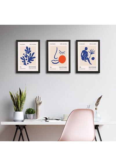 Henri Matisse 3'lü Alüminyum Çerçeveli Poster Seti - Önden Açılır A3 Açılır Kapanır Çerçeve Seti Papiers Découpés, Siyah