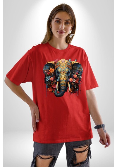 Bereket Fil Hintli Tasarım Pamuklu Bisiklet Yaka Unisex Oversize Boyfriend Dijital Baskılı Kırmızı T-shirt Kırmızı