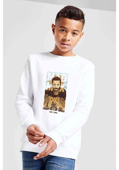 Tshirthane Mad Max Baskılı Unisex Çocuk Beyaz Sweatshirt Beyaz