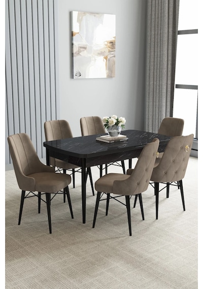 Zümra Serisi, Siyah Mermer Desen 80x132 Açılabilir Mdf Mutfak Masası Takımı 6 Adet Sandalye, Cappucino Zümra Serisi, Siyah Mermer Desen 80x132 Açılabilir Mdf Mutfak Masası Takımı 6 Adet Sandalye, Cappucino