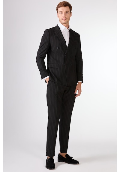 Dufy Siyah Çizgili Erkek Takım Elbise - Slim Fit Siyah