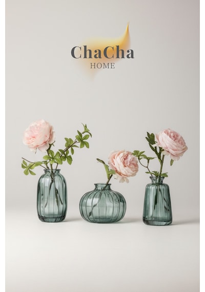 Chacha Home Modern 3'lü Minimalist Cam Çiçek Vazosu Dekoratif Masa Üstü Vazo Seti Turkuaz