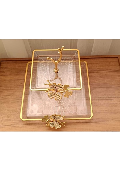 Elta Collection 2 Katlı Döküm Aksesuarlı Yaldız Detaylı Kare Servis Tabağı Sunumluk Kurabiyelik Şeffaf