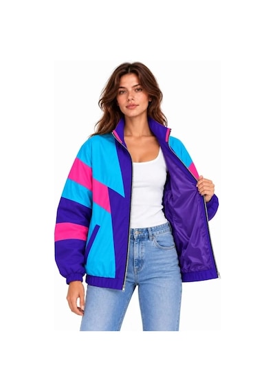 DefyModa 80 Ler Retro Wintage Dijital Baskılı Fermuarlı Rüzgar Kesici Mevsimlik Ceket Çok Renkli