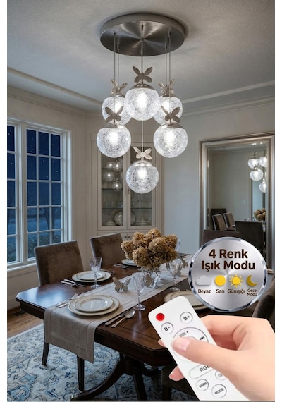LumiaLighting Küre Model 6"lı Kumandalı Siyah 3 Renk Modu Ledli Kristal Taşlı Modern Salon Mutfak Oturma Odası Led Avize