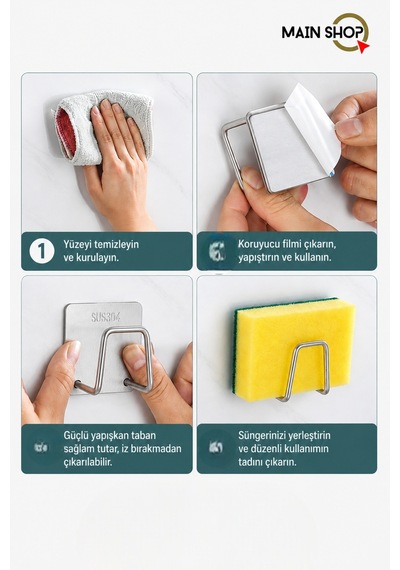 Mainshop 2 Adet Yapışkanlı Paslanmaz Çelik Bulaşık Sünger Tutucu Bulaşık Süngeri Tutacağı Askı M-sng1 Gümüş