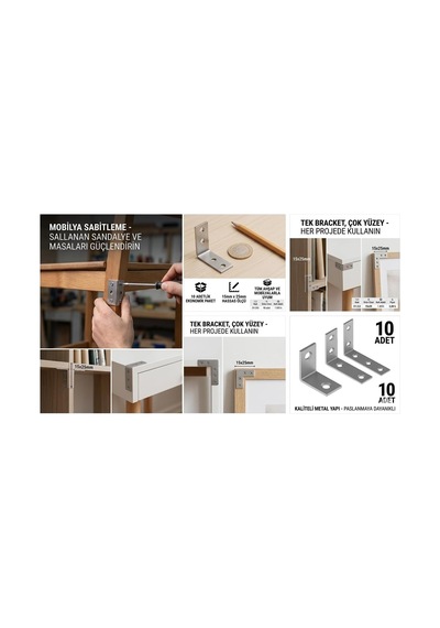 15x25 Mm L Masa Gönye 10 Adet - Paslanmaz Çelik Köşe Birleştirici Ve Mobilya Sabitleyici - Küçük Boy Metal Köş Genel
