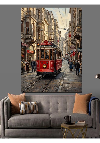 Yağmurlu Şehirde Kırmızı İstanbul Tramvayı Dekoratif Kanvas - Mdf Ahşap Tablo