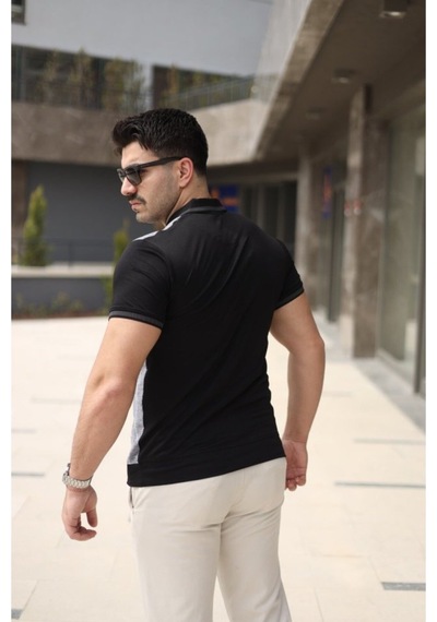 Butik İstanbul Erkek Polo Yaka Fermuar Detaylı Çizgili Tişört Siyah