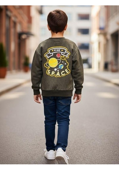 Zekids Erkek Çocuk Pamuklu Gezegen Baskılı Batik Sweatshirt-16332 YESIL