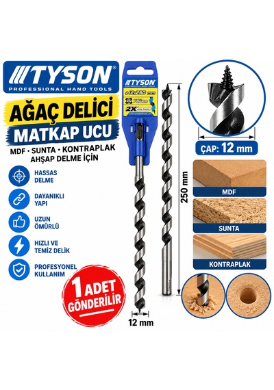 Ağaç Ahşap Delici Matkap Ucu Mdf Sunta Kontraplak 12 X 250 Mm 1 Adet Gönderilir