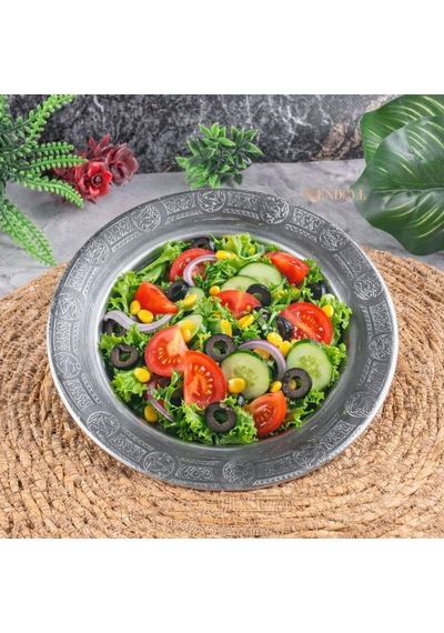 3 Adet Krom Çelik Yuvarlak Servis Tabağı, 18 Cm, Kabartma Desenli, Paslanmaz, Salata Meze Köfte Sunumu, 3 Adet Gümüş
