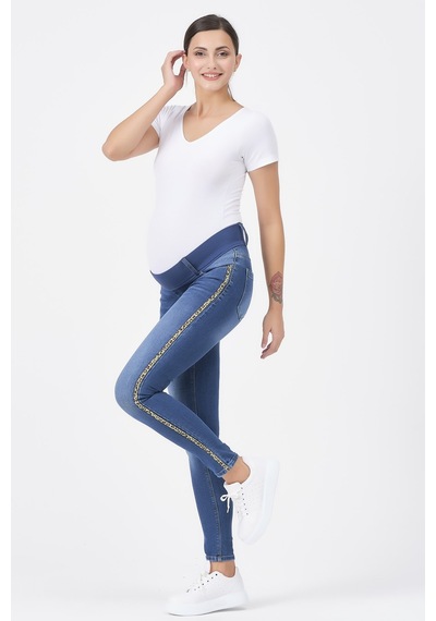 Busa Hamile Kot Pantolon Skinny Leoparlı Yan Şerit Mavi-mavi