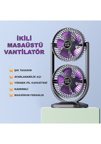Şarjlı İkili Başlıklı Masaüstü Fan Vantilatör 2400 Mah 3 Kademeli Hız Sessiz Çalışma Döner B