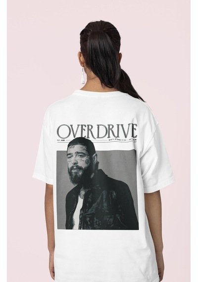 Overdrive Post Malone Sırt Baskılı Unisex Oversize Rapper Şarkıcı Beyaz
