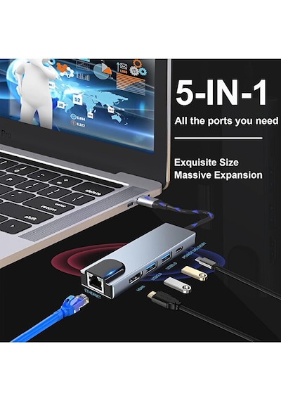 5in1 Type C To 4k Hdmı Çevirici 2xusb 3.0 Çoklayıcı 100w Pd Rj45