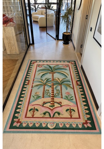 Palm 305 Bej Pembe Palmiye Desenli Modern Yıkanabilir Mutfak Ev Oda Salon Oturma Odası Halısı Pembe Yeşil 5