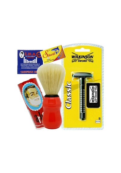 Tıraş Makinesi 5'li Jilet İle Birlikte Kırmızı Tıraş Fırçası Tıraş Sabunu 5'li Shark Chrome Jilet Kibrit Kantaşı Tıraş Seti