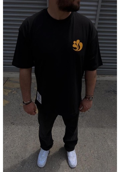 Erkek Bisiklet Yaka Baskılı Oversıze Siyah T-shirt Siyah