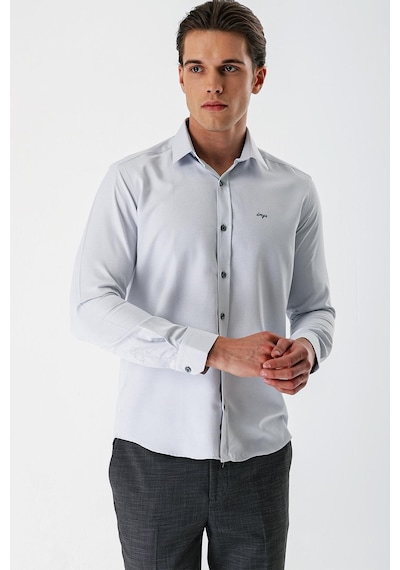 İmza Gri Uzun Kollu Desenli Armürlü Sert Yaka Cepsiz Pamuklu Slim Fit Dar Kesim Gömlek 1004235171-gri Gri