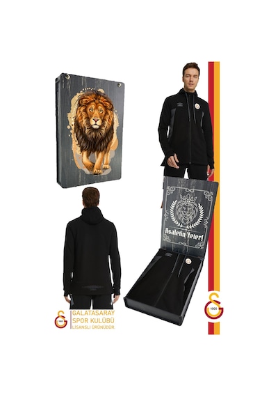 Galatasaray Orijinal Lisanslı Kapüşonlu Siyah Fermuarlı Hoodie Gs Aslan Baskılı Hediyelik Ahşap Kutulu Siyah