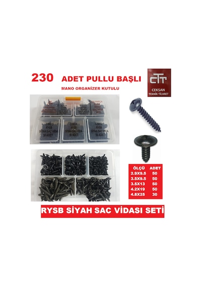 Sac Vidası Seti 230 Adet Siyah Pullu Başlı Rysb N11.21241