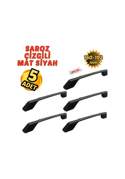 5 Adet Metal Saroz Çizgili Mobilya Çekmece Dolap Kulpu Mat Siyah 160-192mm Mat Siyah