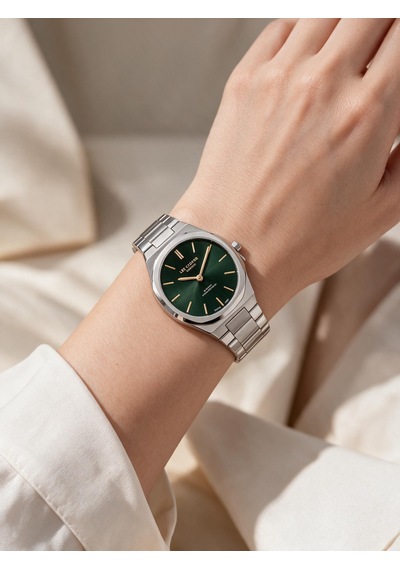 Lee Cooper Metalik Çelik Bilezik Yeşil Kadran 22 Mm Yuvarlak Kadın Kol Saati, Bileklik Hediyeli Gümüş