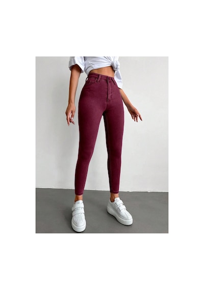 Kene Jeans Yüksek Bel Bordo Keten Dar Paça Pantolon Bordo