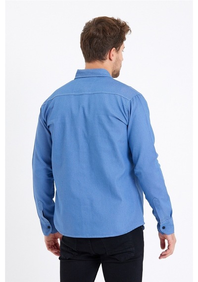 Tarz Cool Erkek Çift Cepli Çıt Çıt Düğmeli Slim Fit Kot Gömlek Mavi