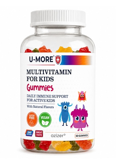 Multivitaminli Çocuk Gummies 60 Adet Şekersiz, Sığır Jelatini İçermez, Çilek-portakal Aromalı