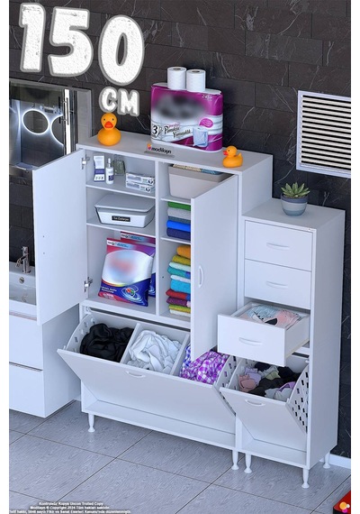 Ohbe 100 + 50cm Genişlik 160cm Boy 32,5cm Derinlik Kirli Sepetli 2 Kapak 3 Çekmeceli Çok Amaçlı Banyo Dolabı 100 + 50 Cm Ohbe 100 + 50cm Genişlik 160cm Boy 32,5cm Derinlik Kirli Sepetli 2 Kapak 3 Çekmeceli Çok Amaçlı Banyo Dolabı 100 + 50 Cm