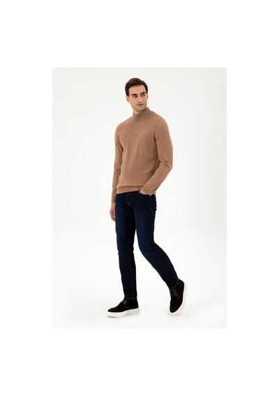 U.S. Polo Assn. Erkek Slim Fit Yarım Balıkçı Yaka Camel Melanj Kazak 50297038-VR122