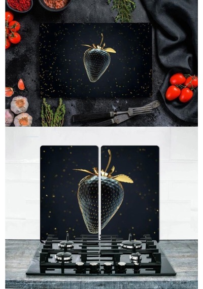 Takım Halinde Altın Çilek 20X30 CM Kesme Tablası ve 60X52Cm Cam O